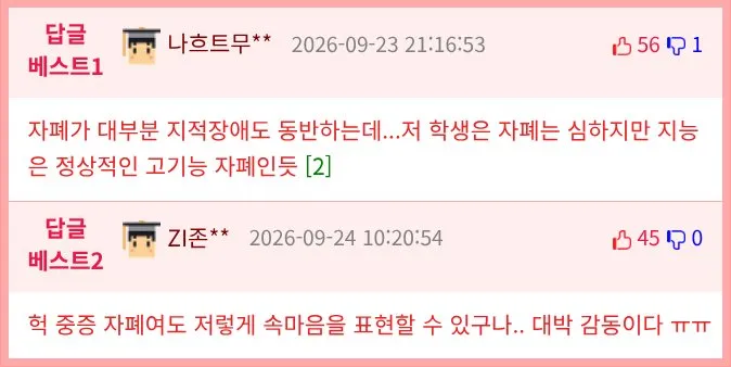 저는 중증 자폐성 장애 1급을 가지고 있는 중학교 3학년 박주환이라고 합